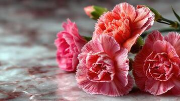 Pink carnations arranged on a marble surface create a beautiful and elegant display for any occasion photo