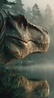 Dinosaur stands at the edge of a misty lake surrounded by dense forest in the early morning light photo