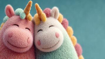Happy plush unicorns in pastel colors are enjoying a cheerful moment together with soft textures and smiles photo