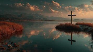 Cross standing in tranquil waters reflecting mountains and clouds at dusk photo