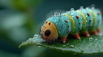 Brightly colored caterpillar covered in dew resting on a green leaf in a lush garden during early morning photo