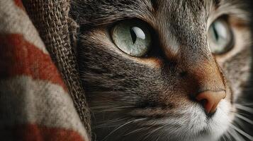 Close-up of a cat highlighting its striking blue eyes and soft fur in a cozy indoor setting during late afternoon photo