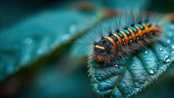 Colorful caterpillar resting on a green leaf after rain in a tropical garden during the late afternoon photo