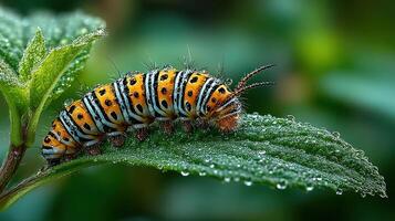 Colorful caterpillar resting on a dewy leaf in the early morning light photo