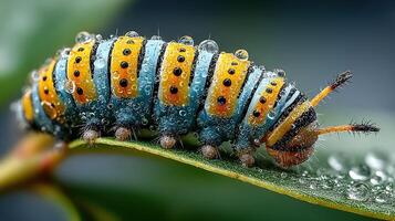 Close-up of a vibrant caterpillar covered in dew on a green leaf in a forest in early morning light photo
