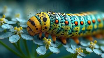 Colorful caterpillar crawls on delicate green leaves during a sunny summer day in a tranquil garden photo