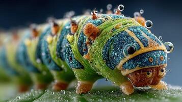 Caterpillar with colorful patterns covered in dew on a green leaf in a vibrant garden during early morning hours photo