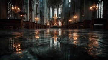 Stunning interior of a historic cathedral illuminated by soft lighting and reflecting on polished stone floors photo