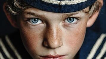 Young sailor with striking blue eyes poses in classic nautical attire against a dark background photo