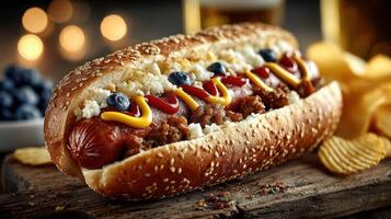Delicious hot dog topped with chili, mustard, and ketchup served with chips and blueberries in a festive setting photo