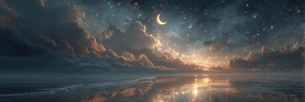 Dark sky illuminated by moon and stars over a tranquil ocean at dawn photo