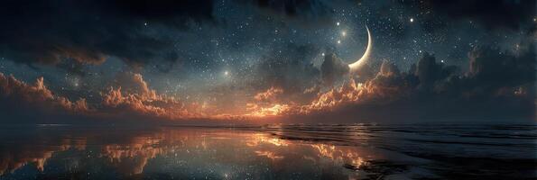 Stunning twilight over a calm ocean with stars and crescent moon illuminating the tranquil waters photo