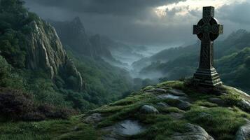 Mysterious landscape featuring a Celtic cross on rocky terrain in a foggy valley at dusk photo