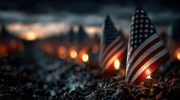Flags adorned in remembrance illuminate a solemn landscape during twilight at a military memorial site photo