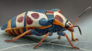 Colorful beetle resting on a leaf showcasing vibrant patterns and textures in a close-up view photo
