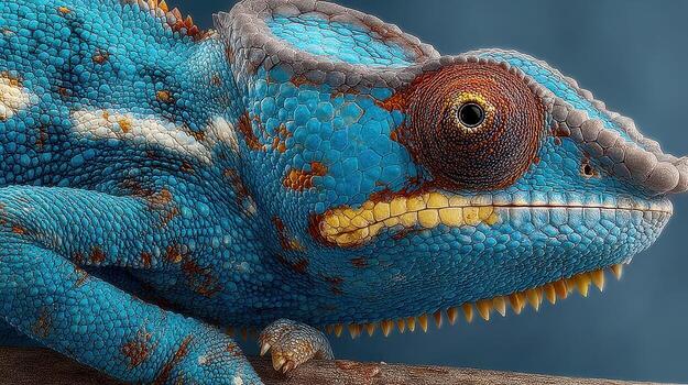 Vibrant chameleon perched on a branch in a tropical setting showcasing bold colors and intricate textures photo