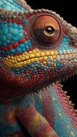 Colorful chameleon showcases vibrant scales in close-up capture under soft lighting photo
