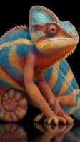 Vibrant chameleon displaying intricate patterns and colors while perched on an uneven surface in a studio setting photo