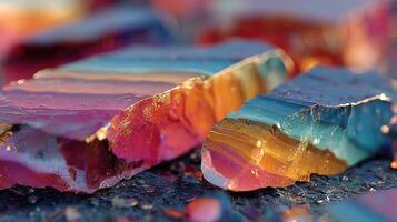 Colorful natural stones displaying vibrant patterns and textures in sunlight on a rocky surface photo