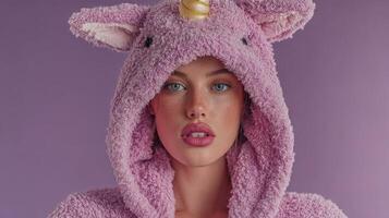 Young woman poses in whimsical unicorn hoodie against a pastel backdrop during a playful photoshoot photo
