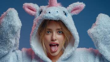 Young woman in unicorn onesie having fun with playful expression in a studio setting at night photo