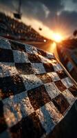 Checkered flag positioned on the racetrack at sunset signaling the end of a thrilling race event photo