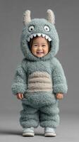 Smiling child in fluffy monster costume poses happily against gray background photo