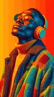 Vibrant portrait of a man enjoying music in colorful headphones against a gradient background photo