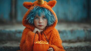 Child in vibrant orange costume holds a bucket of popcorn while sitting on steps in an outdoor setting during daytime photo