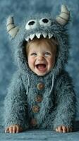 Baby wearing cute monster costume smiles joyfully in cozy indoor setting during playful photoshoot photo