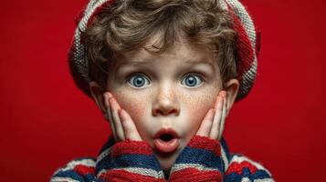 Shocked child displays surprise against a bright red background during an indoor activity photo