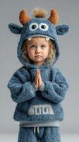 Child in cozy monster-themed outfit posing with hands together indoors photo