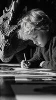 Young artist draws while friendly dinosaur looks on, capturing a moment of imagination and creativity in black and white photo