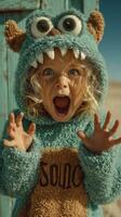 Child dressed in a monster costume playfully acting scary in a sunny outdoor setting photo