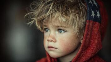 Young child with tousled hair and thoughtful expression wearing a red hoodie in a soft, natural light photo