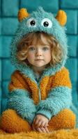 Cute young child wearing a fuzzy monster onesie with curly hair sitting against a colorful background photo