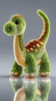 Cute green dinosaur plush toy standing on a reflective surface with a soft texture and charming appearance photo