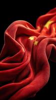 Richly textured Chinese flag fabric draped elegantly against a dark backdrop showcasing vibrant red and yellow colors photo
