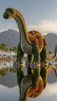 Giant dinosaur topiary reflects in serene water at dusk near mountains photo