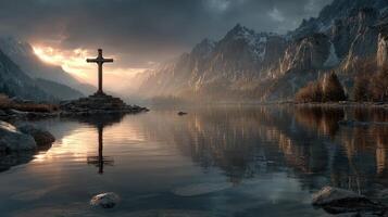 Serene sunset reflection at a mountain lake with a cross and dramatic clouds photo