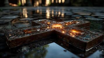 Ornate cross with glowing gems rests on a cobblestone surface near ancient ruins at twilight photo