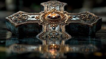 Intricate golden cross rests on reflective water surface in a serene setting illuminated by soft light photo