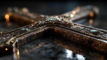 Intricate cross design displaying detailed craftsmanship in dimly lit environment with reflective surfaces photo