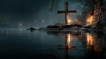Reflection of a weathered cross in serene waters at night with glowing lanterns illuminating the landscape photo