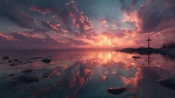 Sunset over tranquil lake reflecting vibrant colors and cross silhouette at the shore photo