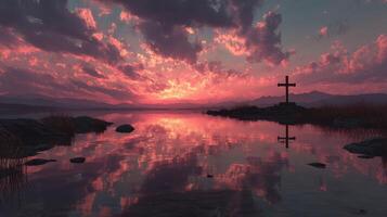 Sunset over tranquil waters with a cross silhouette in a serene landscape of mountains and clouds photo