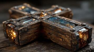 Intricate wooden cross with glowing elements resting on a textured surface in a dimly lit environment photo