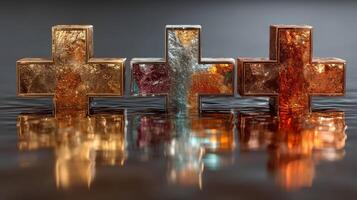 Three metallic crosses reflecting on a serene water surface with rich textures and colors during soft lighting photo