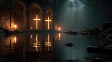 Glowing crosses illuminate a dark, serene location surrounded by water and ancient stone architecture at dusk photo