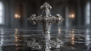 Ornate silver cross standing in reflective water with a moody background of soft light and shadow photo